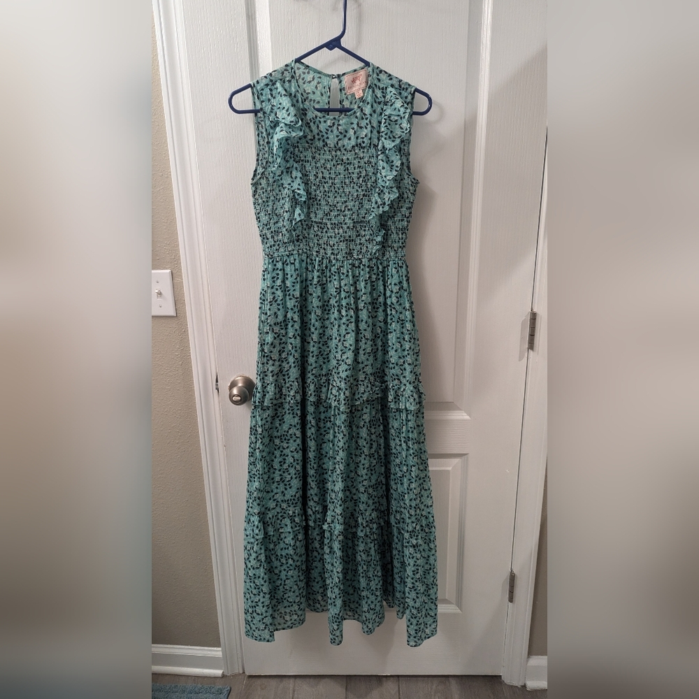 Banjanan Teal Black Cotton Tiered Smocked Iris Maxi Dress small